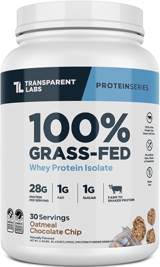 Transparent Labs Grass-Fed Whey Protein Isolate - Natural Flavor, Gluten Free Whey Protein Powder w/ 28g of Protein per Serving & 9 Essential Amino Acids - 30 Servings, Oatmeal Chocolate Chip Cookie