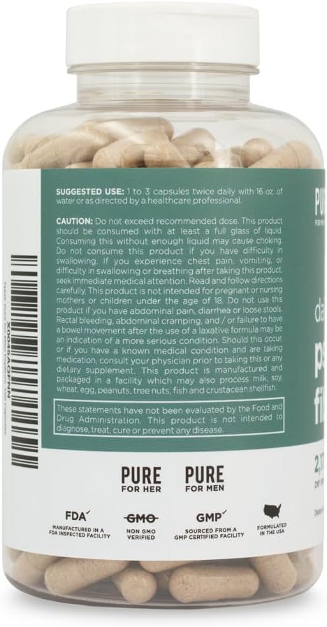 Pure for Men Daily Psyllium Husk Fiber Supplement Pure for Her | Digestive Regularity & Gut Health Support | Soluble Fiber Powder, 2,175mg Per Serving | 250 Capsules