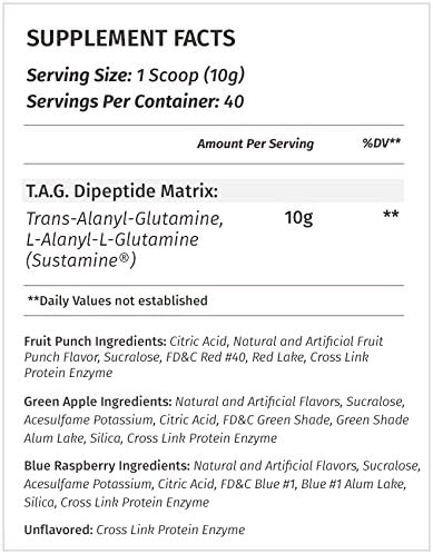 Metabolic Nutrition, TAG, Trans Alanyl Glutamine, 100% L-Glutamine Peptide Powder, Pre Intra Post Workout Supplement, 400 Grams (40 Servings) (Fruit Punch)