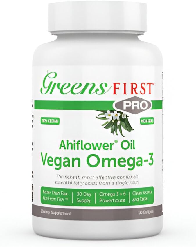 Greens First PRO Ahiflower Oil Vegan Omega-3-2250 mg - Contains Omega-3 Stearidonic Acid SDA - Gamma Linolenic Acid GLA - No Soy or Corn Oil - Non-GMO - 30 Day Supply