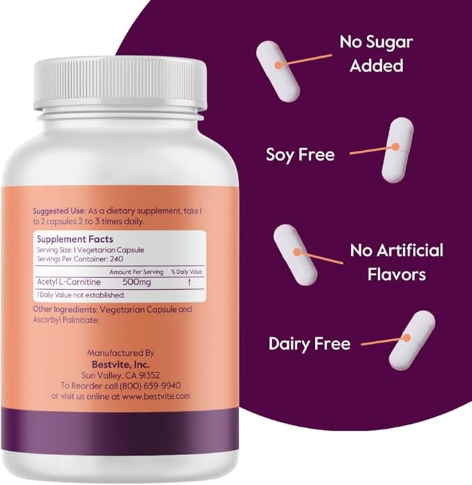 BESTVITE Acetyl L-Carnitine 500mg (240 Vegetarian Capsules) - No Stearates - Vegan - Non GMO - Gluten Free