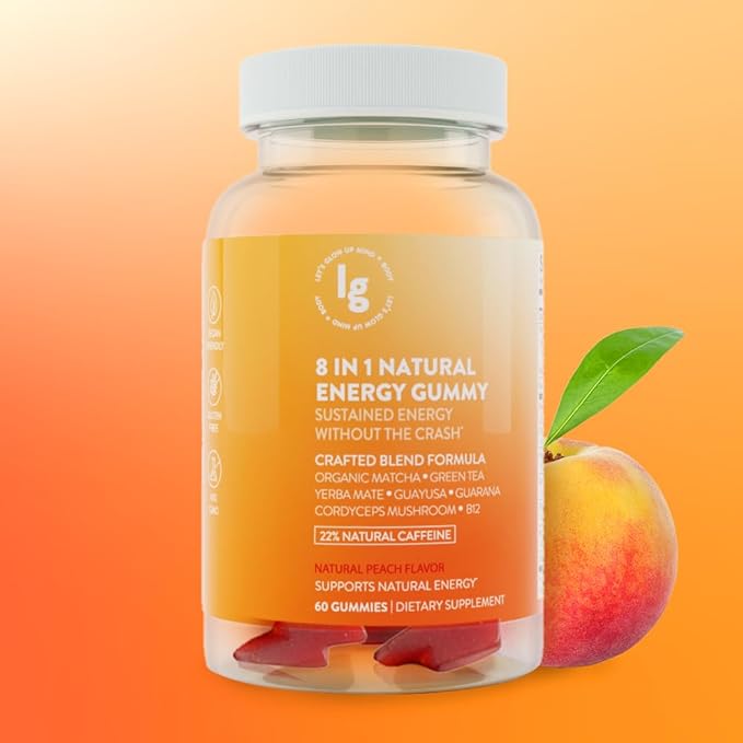 8-in-1 Natural Energy Gummies, Vitamin B12, Sleep Gummies, Womens Multivitamin Gummy, Energy Chews, Vitamin C Gummies, Running Gummies, Peach Flavor, Energy Supplements, 22% Caffeine, 60 Count