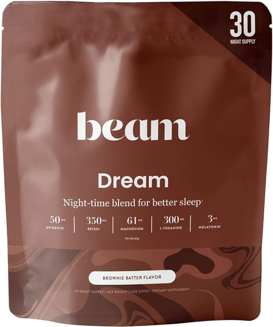 Beam Dream Sleep Powder, Sleep Aid, Sleep Aids for Adults, Contains Magnesium, Melatonin, L Theanine, Apigenin, Natural Sleep Supplement, Vegan, Non GMO, Dairy Free, 3rd Party Tested, 30 Servings
