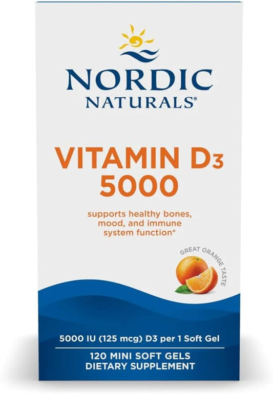 Nordic Naturals Vitamin D3 5000, Orange - 120 Mini Soft Gels - 5000 IU Vitamin D3 - Supports Healthy Bones, Mood & Immune System Function - Non-GMO - 120 Servings