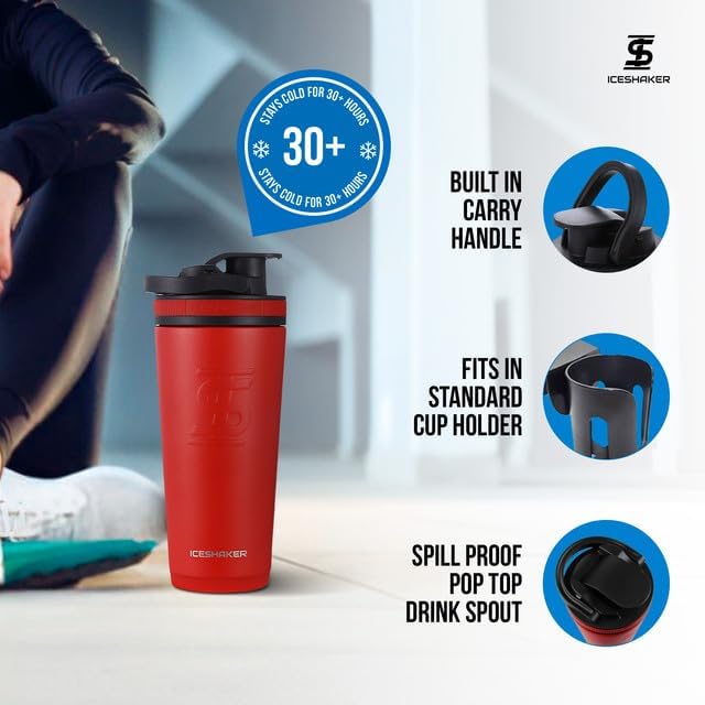 Ice Shaker Insulated Stainless Steel Shaker Bottle | 26oz, Red/Black | Cold for 30+ Hours | Insulated Cup with Twist-on Agitator | Odor-Free Shaker Cup for Protein Shakes, Water, Smoothies, Cocktails