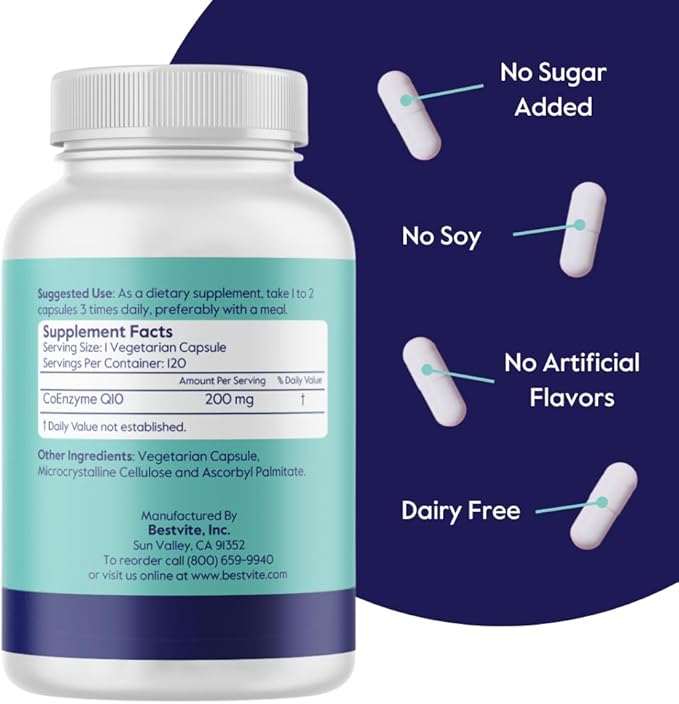 BESTVITE CoQ10 200mg (120 Vegetarian Capsules) Naturally Fermented - No Stearates - Vegan - Gluten Free - Non GMO