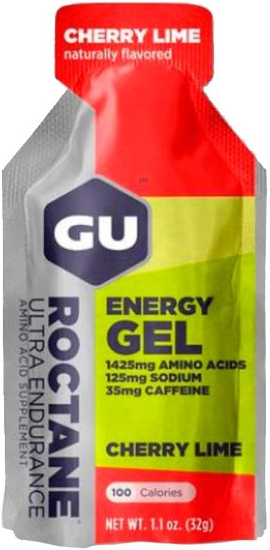 GU Energy Roctane Ultra Endurance Energy Gel, Vegan, Gluten-Free, Kosher, and Dairy-Free On-The-Go Sports Nutrition for Running, Biking, Hiking or Skiing, 24-Count, Cherry Lime
