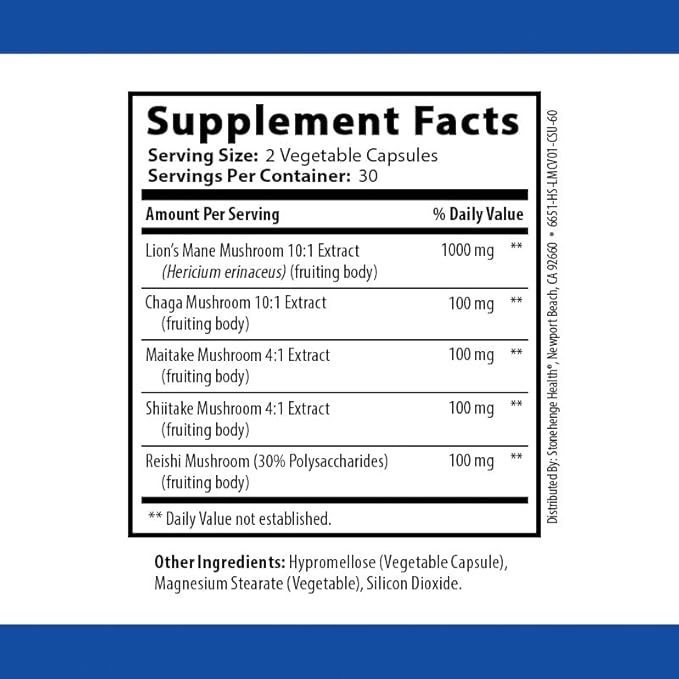 Stonehenge Health Dynamic Mushrooms - 100% Fruiting Bodies & Extracts - Lion’s Mane, Chaga, Maitake, Shiitake, Reishi - Nootropic Brain & Immune System Support - No Mycelium - 60 Veggie Capsules