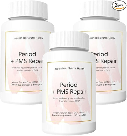 Nourished Period + PMS Repair - Menstrual Cycle Support Supplement for Women - Vegan Formula for Monthly Cycles, Cramping, Mood, Headaches - 3 Bottles