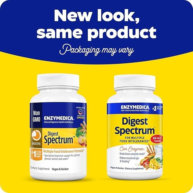Enzymedica Digest Spectrum, Digestive Enzymes for Multiple Food Intolerances, Offers Fast-Acting Gas & Bloating Relief, 120 Count