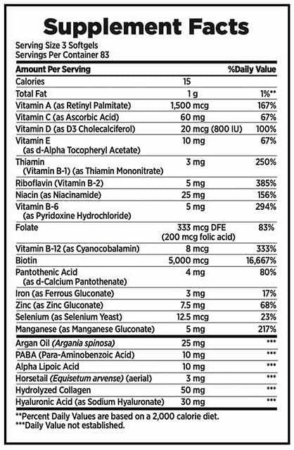 Nature's Hair, Skin and Nails, 250 Softgels Bundle - 5,000 mcg Biotin Dietary Vitamins, Minerals & Supplements for Lustrous Hair Nails & Skin Health