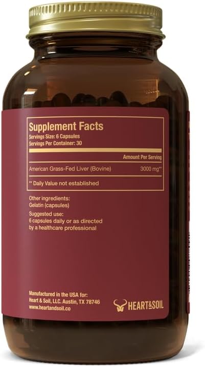 Pure American Beef Liver Capsules - Grassfed Beef Liver Supplement - Rich in Vitamins, Minerals, Peptides and Enzymes - Freeze-Dried Grass Fed Beef Liver - 180 Liver Capsules