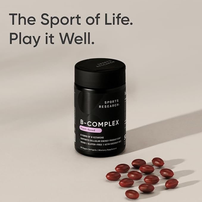 Sports Research Vitamin B-Complex - Full Spectrum of B Vitamins - Plant-Based Vegan-Friendly Formula - 60 Veggie Softgels