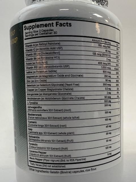 Selenium, Zinc, Iodine, L Tyrosine, Ashwagandha - Thyroid Support Supplement for Women and Men with Bladderwrack, Turmeric, Silica Kelp, Schisandra - 60 Count