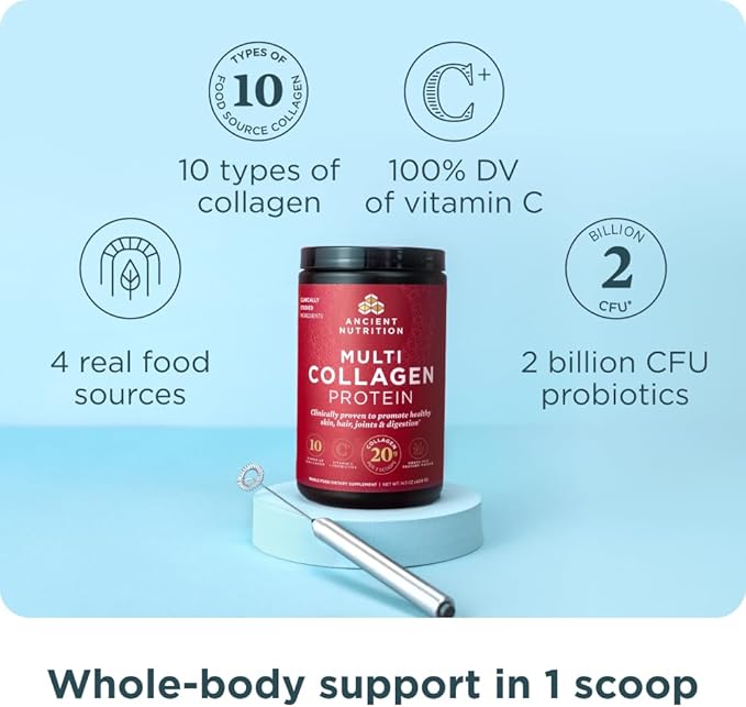Ancient Nutrition Collagen Powder Protein with Probiotics, Multi Collagen Protein with Vitamin C, Hydrolyzed Collagen Peptides Supports Skin and Nails, Gut Health (40 Servings, Unflavored)
