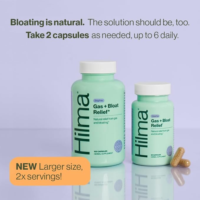 Hilma Natural Gas & Bloating Relief - with Lemon Balm, Fennel & Peppermint Leaf - Doctor Formulated with Organic Ingredients - 100 Vegan Capsules