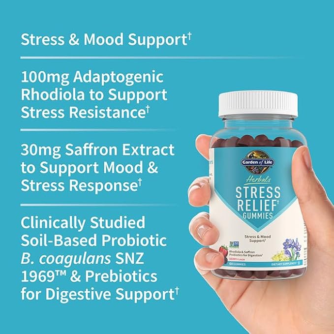 Garden of Life Herbals Stress Relief Gummy with Rhodiola & Saffron for Positive Mood & Stress Response Plus Prebiotics & Probiotics for Digestive Support – Non-GMO, Gluten-Free, Kosher, 30 Servings