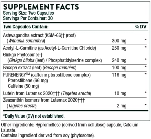 THORNE Memoractiv - Nootropic Brain Supplement for Focus, Creativity, and Concentration - Ashwagandha, Ginkgo, Lutemax, Bacopa, Pterostilbene - Gluten-Free, Dairy-Free - 60 Capsules - 30 Servings