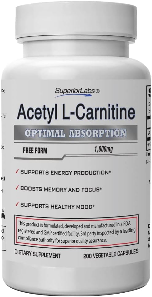 Superior Labs | Acetyl L-Carnitine 1000mg | 200 caps | Maximum Absorption | Pure Vegetable Capsules | Zero Synthetic Additives | Superior Absorption