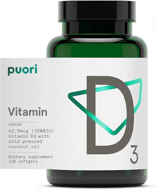 Puori Vitamin D3 with Organic Coconut Oil - 120 x 2500 IU - for Healthy Muscle Function, Bone Health, Immune Support and Calcium Uptake- Non-GMO and Gluten Free - For Children and Adults