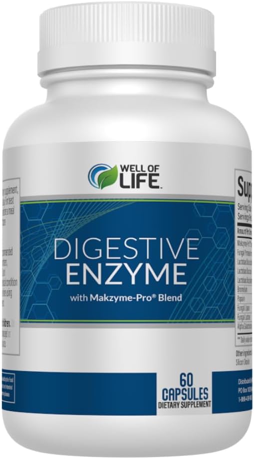 Well of Life Digestive Enzyme: 700mg, 60 Vegetarian Capsules, Enhance Digestive Health, Nutrient Absorption & Gut Health, Lactobacillus, Bromelain, Papain & More, All-Natural, Vegan, Made in USA