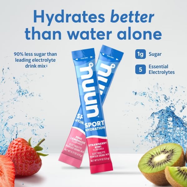 Nuun Sport Electrolyte Powder Packets - Strawberry Kiwi Flavor, 5 Essential Electrolytes for Hydration, Easy Open Drink Mix with Magnesium, 1g Sugar, Non GMO, Vegan, 16 Single Serving Sticks