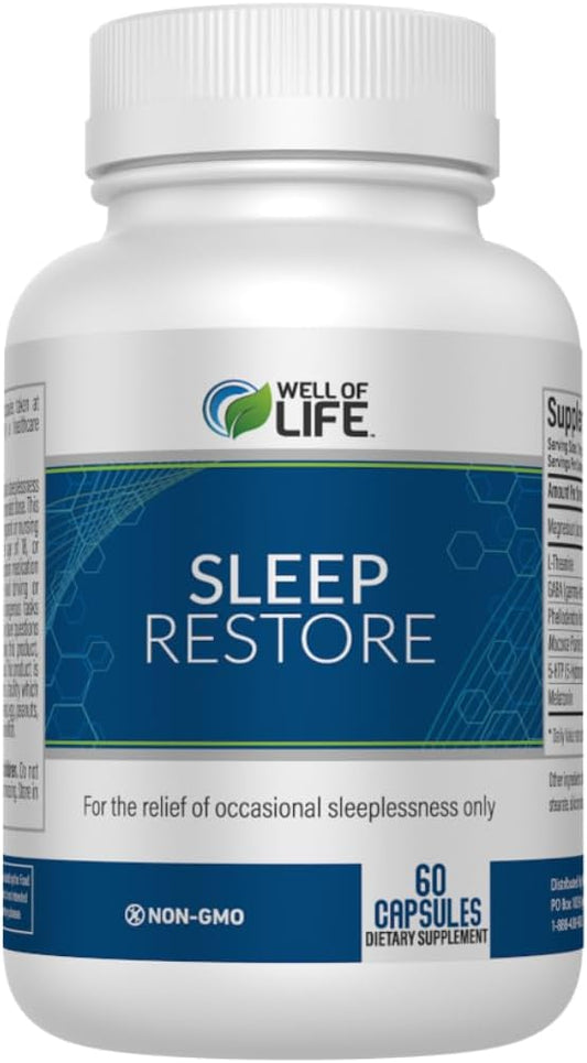 Sleep Restore - Tranquil Sleep Formula with L-Theanine, GABA, 5-HTP, Magnesium, Melatonin & More - 60 Veg Capsules for Deep, Refreshing Sleep & Overall Well-Being