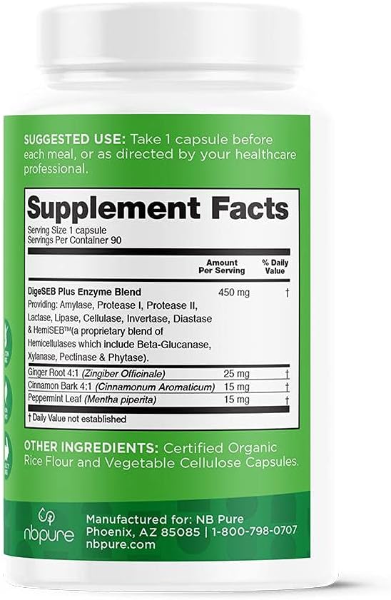 Nbpure Vegan Digestive Enzyme Complex – Daily Bloating, Gas, & Food Digestive Support for Women & Men – 12 Enzymes & 3 Herbs – Lactase, Protease, Lipase, Ginger, Cinnamon, Peppermint + More