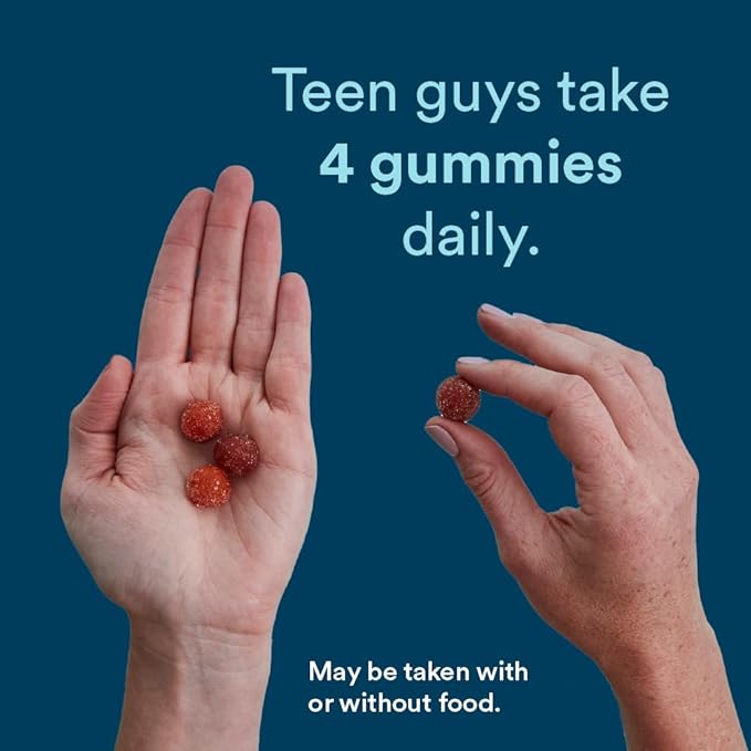 SmartyPants Teen Guy Multivitamin Gummies: Omega 3 Fish Oil (EPA/DHA), Vitamin D3, C, Vitamin B12, B6, Vitamin A, K & Zinc, Gluten Free, Three Fruit Flavors, 90 Count (22 Day Supply)