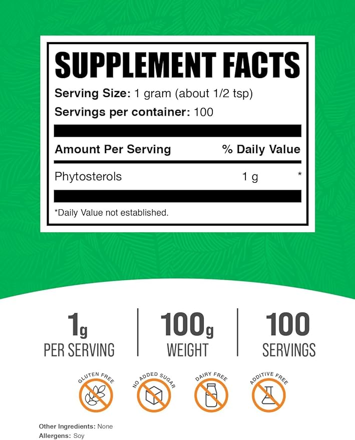BulkSupplements.com Phytosterols Powder - Phytosterols Supplement, Beta Sitosterol Supplement - Sourced from Soy, Gluten Free, 1000mg per Serving, 100g (3.5 oz) (Pack of 1)