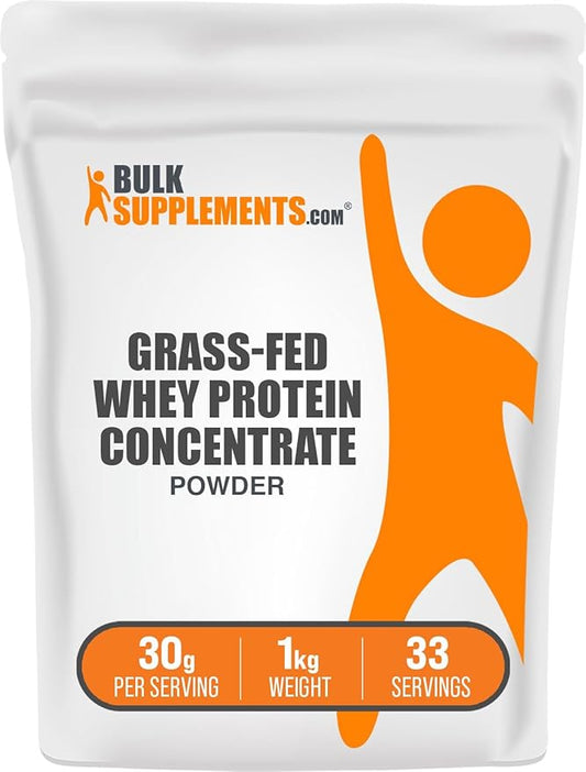 BulkSupplements.com Grass Fed Whey Protein Powder - Unflavored Whey Protein Powder, Grass Feed Whey Protein Concentrate - Gluten Free, 30g per Serving, 1kg (2.2 lbs) (Pack of 1)