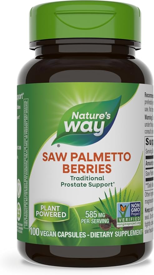 Nature's Way Saw Palmetto Berries, Traditional Prostate Support*, 585 mg per Serving, Non-GMO Project Verified, Vegan, 100 Capsules (Packaging May Vary)