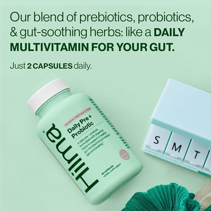 Hilma Daily Pre + Probiotic + Herbs – Support Gut Health with Prebiotics and Probiotics Plus Gas and Bloating Relief for Women & Men – 60 Vegan Capsules