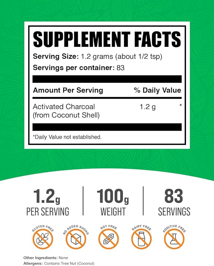 BulkSupplements.com Activated Charcoal Powder - Coconut Charcoal, Charcoal Powder for Teeth Whitening - Activated Charcoal Odor Absorber, Vegan & Gluten Free - 1200mg per Serving, 100g (3.5 oz)
