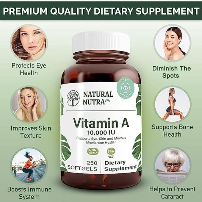 Natural Nutra Vitamin A 10,000 IU Softgels – High Potency Eye and Skin Vitamins – Gluten-Free Vitamin A Supplement for Sight & Skin Health – Fish Liver Oil for Men and Women, 250 Softgels (2 Pack)