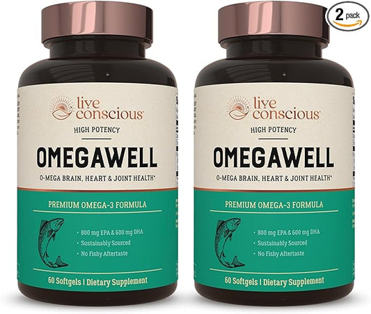 Live Conscious OmegaWell Fish Oil: Heart, Brain, and Joint Support | 800 mg EPA 600 mg DHA - Enteric-Coated, Sustainably Sourced - Easy to Swallow 120 Count (2-Pack)