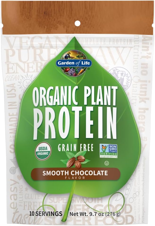 Garden of Life Organic Plant Protein Smooth Chocolate Powder, 10 Servings - Vegan, Grain Free & Gluten Free Plant Based Protein Shake with 1 Billion CFU Probiotics & Enzymes, 15 g Protein, 9.7 Oz
