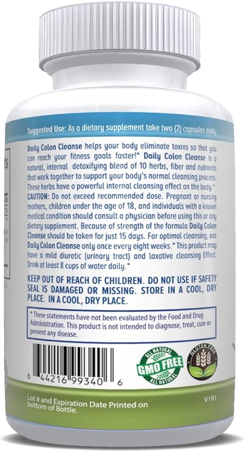 Daily Colon Cleanse 700mg All Natural 10 Herbs, Vegan Friendly 180 Capsules Fiber, Alfalfa, Aloe Vera, Rhubarb, Gentian, Buckthorn, Goldenseal, Lactobacillus acidophilus