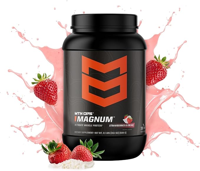 MTN OPS Magnum Strawberry Protein Powder, 23g of Whey Isolate Protein & Milk Protein with BCAAs, Zero Sugar & Gluten Free, Strawberries & Cream, 30-Serving Tub