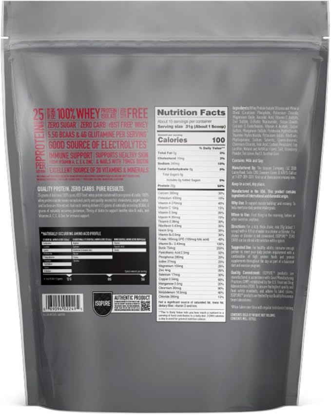 Isopure Protein Powder, Zero Carb Whey Isolate, Gluten Free, Lactose Free, 25g Protein, Keto Friendly, Strawberries & Cream, 15 Servings, 1 Pound (Packaging May Vary)