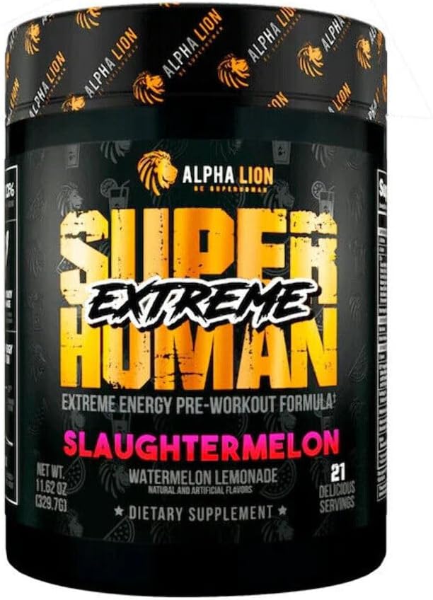 ALPHA LION Superhuman Extreme, Extreme Energy Pre-Workout Formula, Intense, Sustained Energy and Focus, Elevated Nitric Oxide, Maximum Pumps & Nutrient Delivery (21 Servings, Slaughtermelon)