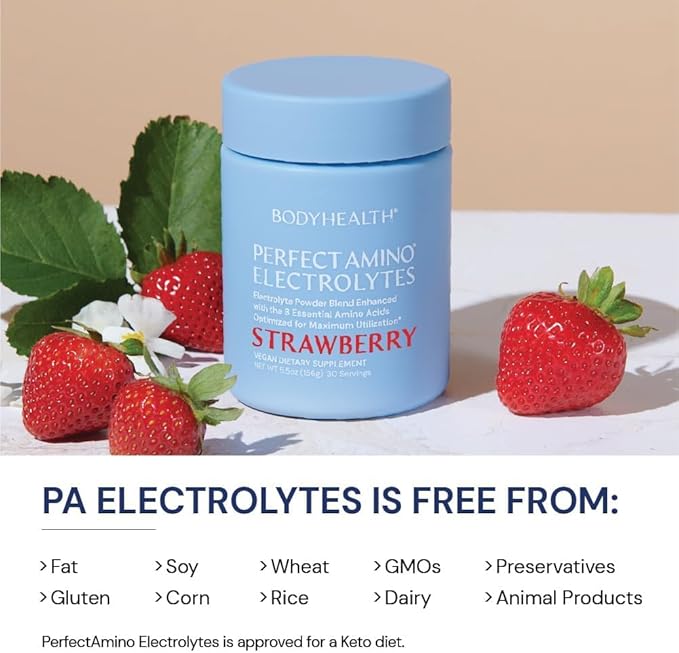 BodyHealth PerfectAmino Electrolytes Powder, Hydration Powder, Sugar Free Electrolyte Drink Mix, Keto Electrolytes Powder, Non GMO, Strawberry Flavor (60 Servings)
