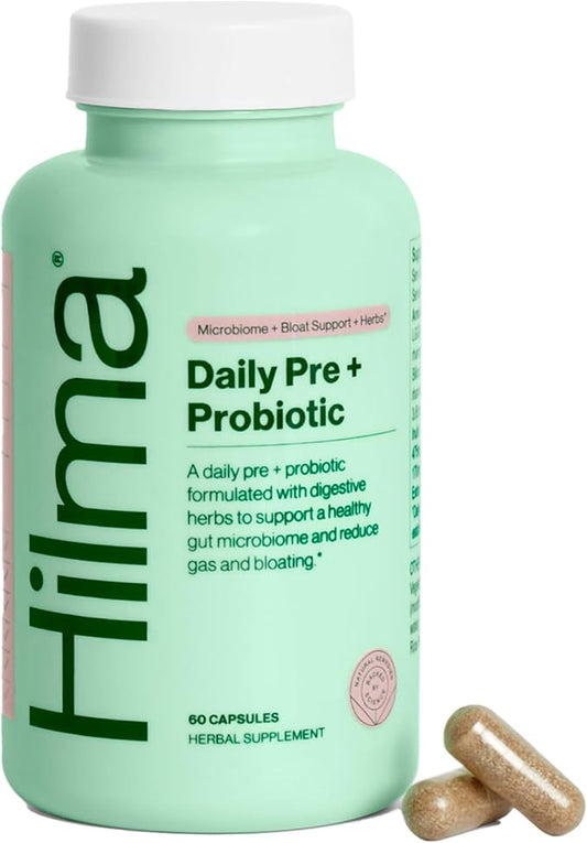 Hilma Daily Pre + Probiotic + Herbs – Support Gut Health with Prebiotics and Probiotics Plus Gas and Bloating Relief for Women & Men – 60 Vegan Capsules
