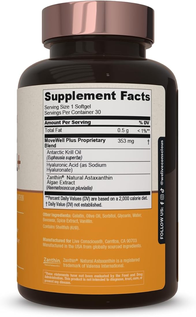 Live Conscious Joint Health Supplement - MoveWell Plus Antarctic Krill Oil, Natural Astaxanthin and Hyaluronic Acid | Outperforms Glucosamine