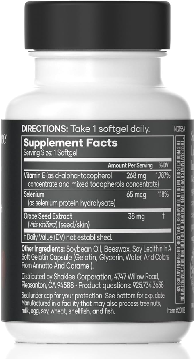 Shaklee - Vitamin E: -Supports Heart, Brain, and Prostate Health -Neutralizing Damage Caused by Free Radicals Vita-E® 400 IU Tablets with Selenium and Grape Seed Extract - 90 Softgels