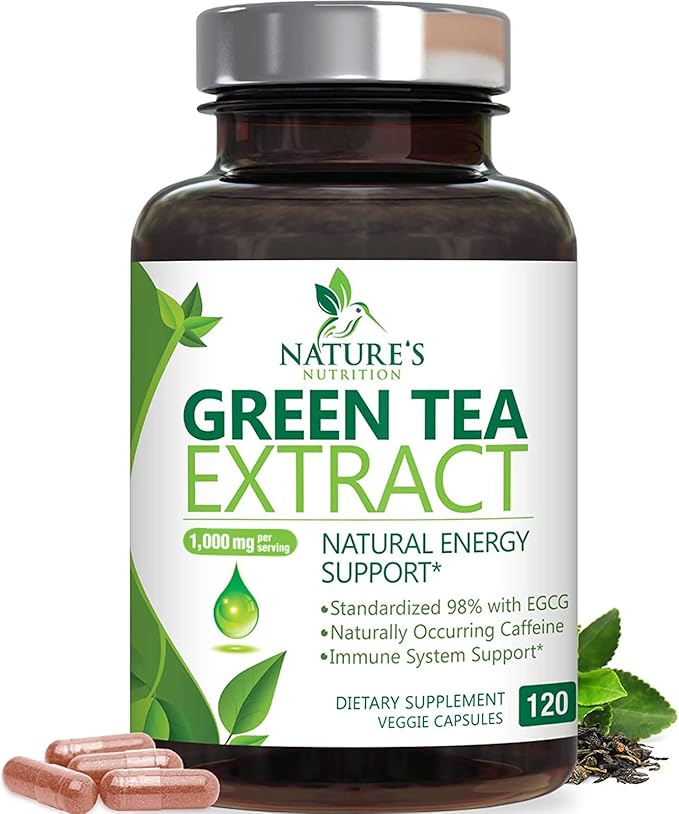 Green Tea Extract Capsules 1000mg 98% Standardized EGCG - 3X Strength for Natural Energy - Heart Support with Polyphenols - Gentle Caffeine - 120 Capsules