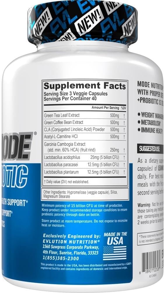 Evlution Nutrition Leanmode + Probiotic, Advanced Probiotic Capsule Supplement, 15 Billion CFUs per Serving, Digestive Support & Gut Health (40 Servings)