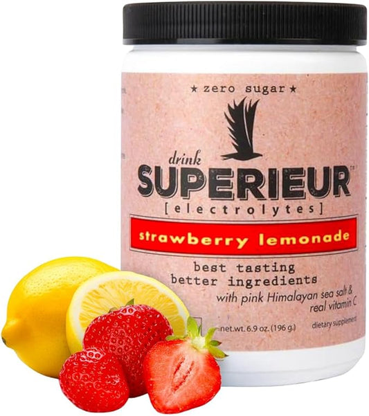 Superieur Electrolytes–Plant Based Electrolyte Supplement w/Sea Minerals for Hydration & Recovery–Keto Friendly, Non-GMO, Zero Sugar, Vegan Healthy Sports Drink Powder–Strawberry Lemon(70 Serv)