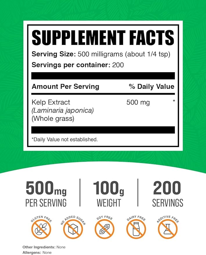 BulkSupplements.com Kelp Extract Powder - Kelp Supplement, Kelp Powder, Brown Seaweed Extract - Seaweed Supplement, Gluten Free, 500mg per Serving, 100g (3.5 oz) (Pack of 1)