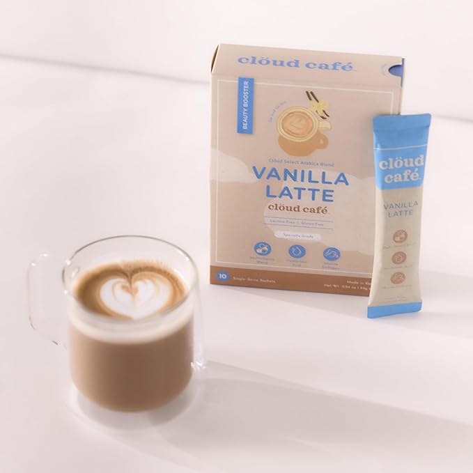 Collagen Infused Vanilla Latte Instant Coffee Packets - Hyalruonic Acid, Multivitamin Powder, & Marine Collagen Single Serve Instant Coffee (10 Sachets)